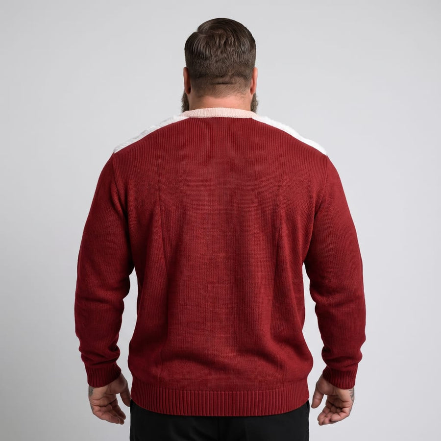 Two men of different builds wearing the JingleDrip sweater side by side