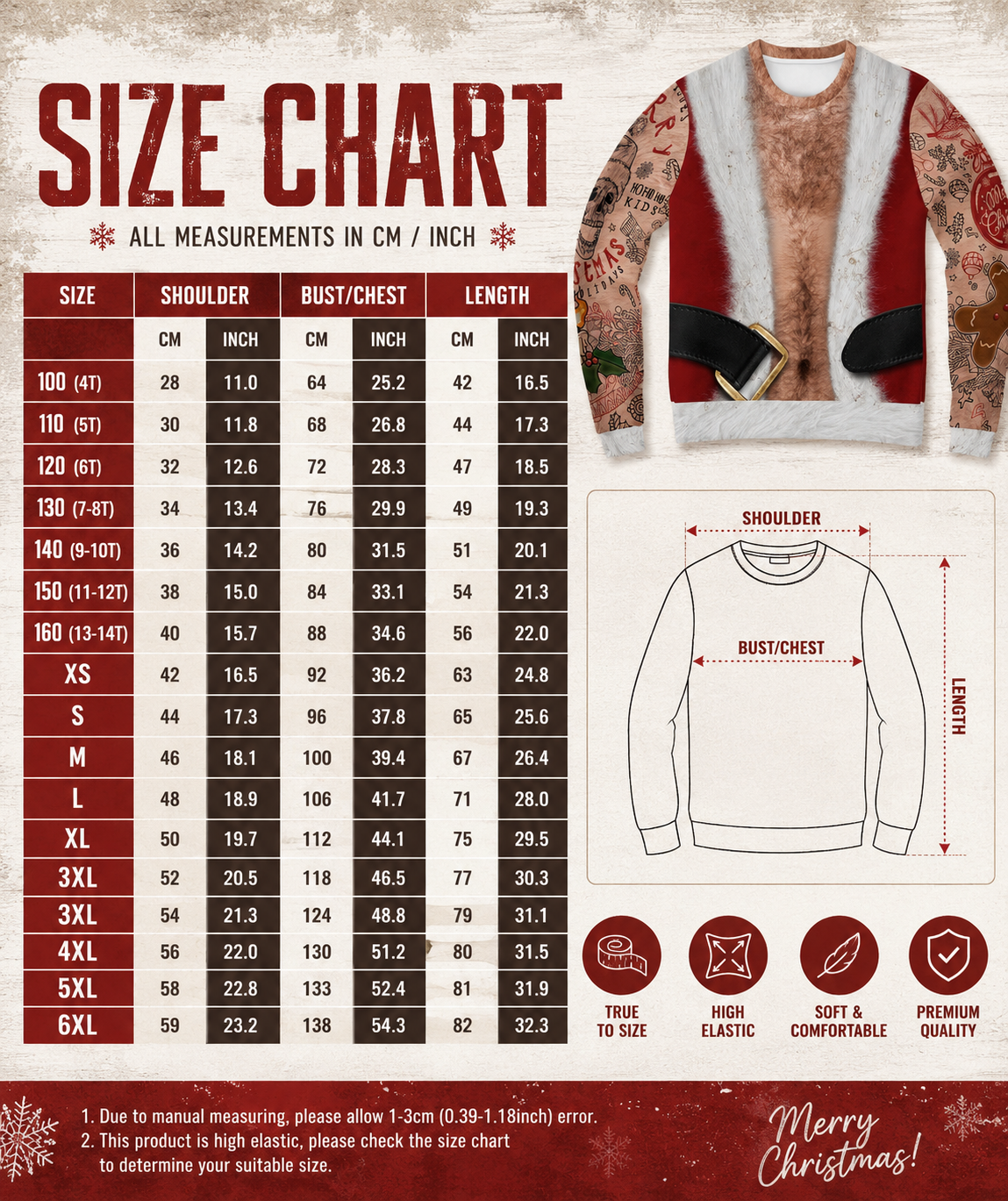 JingleDrip Christmas Sweater size chart